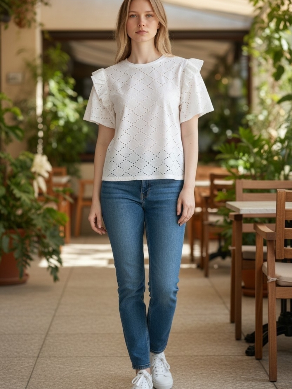 Zara White Eyelet Ruffle Sleeve Top Short Sleeve Casual